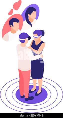 Virtuelle Beziehungen online Dating isometrische Zusammensetzung mit umarmenden Paar trägt vr Brille Vektor-Illustration Stock Vektor