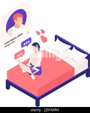 Virtuelle Beziehungen online Dating isometrische Zusammensetzung mit Mädchen auf dem Bett mit Laptop-Anwendung Vektorgrafik sitzen Stock Vektor