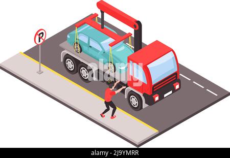 Evakuierung des Autos für falsches Parken durch Abschleppwagen isometrische 3D Vektor-Abbildung Stock Vektor
