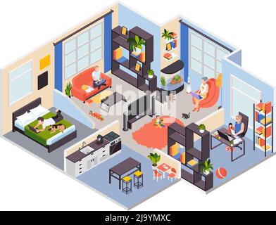 Familienhaus Fernarbeit mit Laptop isometrische Ansicht des Schlafzimmers Mutter mit Baby-Vektor-Illustration Stock Vektor