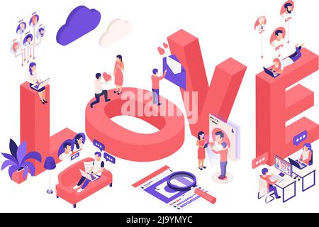 Paare treffen online verlieben isometrische Titel Header Komposition mit Suche Partner virtuelle Dating Beziehung Vektor Illustration Stock Vektor