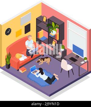 Ferngesteuerte Arbeit von zu Hause isometrische Wohnzimmer Innenansicht mit jungen Paar tippen auf Laptops Vektor-Illustration Stock Vektor