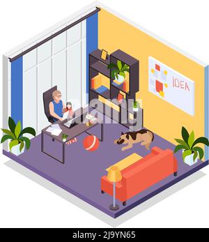 Mutter mit Laptop arbeitet fernab von zu Hause hält Baby auf dem Schoß isometrische Wohnzimmer Innenraum Vektor-Illustration Stock Vektor