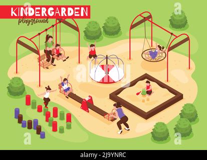 Isometrische Spielplatz Kindergarten Komposition mit Blick im Freien auf spielende Babys und Kinder mit Bäumen und Sträuchern Vektor-Illustration Stock Vektor