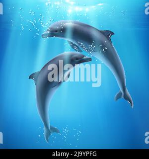 Delphin im Meer realistische und farbige Zusammensetzung zwei Delfine schwimmen unter Wasser und Sonnenroyes brechen durch Wasser Vektor-Illustration Stock Vektor