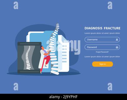 Orthopädie-Website mit Frakturdiagnose- und Behandlungssymbolen flache Vektordarstellung Stock Vektor