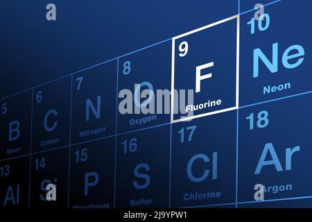 Fluor im Periodensystem der Elemente. Halogen und chemisches Element mit Symbol F und Ordnungszahl 9. Das elektronegativste Element. Stockfoto