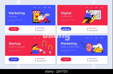 Satz von vier horizontalen farbigen Bannern für digitales Marketing und Startup isoliert auf grauem Hintergrund flache Vektordarstellung Stock Vektor