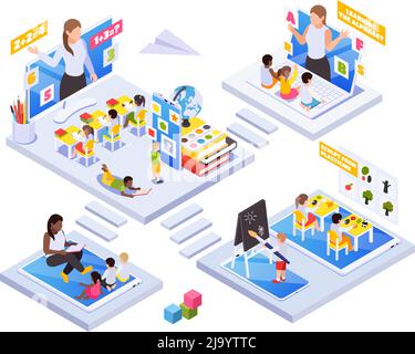 Kindergarten Kinder lernen ferngesteuert isometrisches Konzept mit Online-Klassenzimmer Aktivitäten Lehrer lesen sitzen auf Tablet Vektor Illustration Stock Vektor
