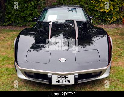 Vorderansicht eines 1978, Special Edition, Schwarz, Chevrolet Corvette, ausgestellt auf der Wickhambreaux Classic Car Show, 2022 Stockfoto