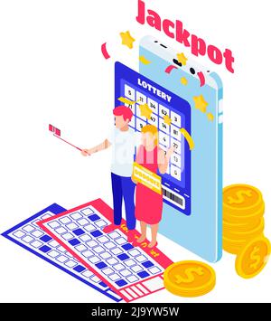 Jackpot isometrische Symbol mit Lotterie-Gewinner Tickets Münzen 3d-Vektor-Illustration Stock Vektor