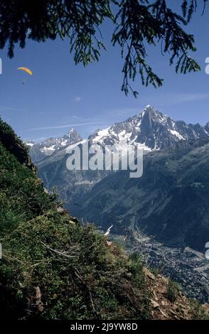 Chamonix, Aiguille Verte und Aiguille du Dru von GR 5 Tour du Mont Blanc von Brévent nach Merlet gesehen. Chamonix-Mont-Blanc, Frankreich, 1990 Stockfoto