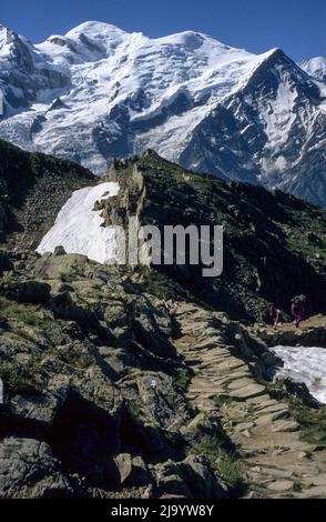 Mont Blanc und seine Gletscher von der GR 5 Tour du Mont-Blanc von Brévent nach Bel Lachat, Chamonix-Mont-Blanc, Frankreich, 1990 Stockfoto