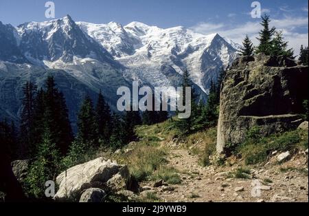 Mont-Blanc-Massiv mit Glacier des Bossons vom Wanderweg Grand Balcon Sud, La Flégère, Chamonix-Mont-Blanc, Frankreich, 1990 Stockfoto