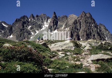 Auf dem „Tour du Mont Blanc“-Fernwanderweg mit den Bergen des Mont-Blanc-Massivs. 1990 Stockfoto