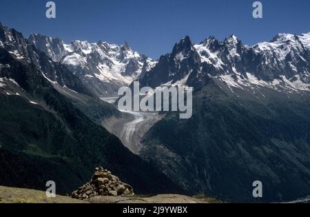 Das Mer de Glace vom Lac des Chéserys, Naturschutzgebiet Aiguilles Rouges, Chamonix-Mont-Blanc, Frankreich, 1990 Stockfoto