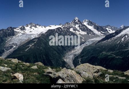 Blick vom Plan de l'Aiguille, Argentiére-Gletscher und Glacier du Tour, Chamonix-Mont-Blanc, Haute Savoie, Frankreich, 1990 Stockfoto