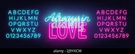 Immer verliebt Neon-Schriftzug auf Backsteinwand Hintergrund. Stock Vektor