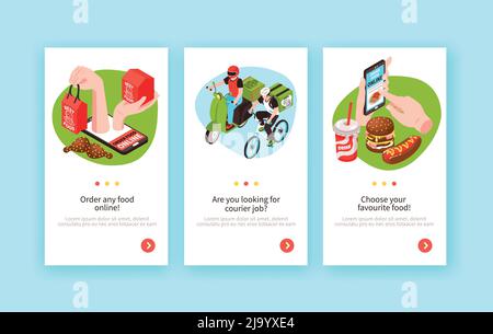 Isometrische Lieferung Lebensmittel vertikale Banner mit Seitenschalter Tasten Text Kurier Zeichen und Waren Bilder Vektorgrafik gesetzt Stock Vektor
