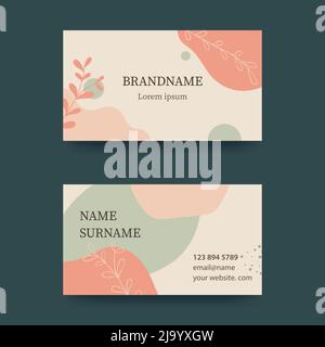 Visitenkarten-Design in zarten Pastelltönen. Modernes Konzept mit Flüssigkeit, Tropfen, Pinsel, Blumen, Blättern, Linien. Rosa und grüne Töne. Stock Vektor