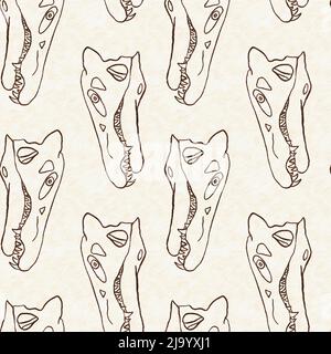 Braun handgezeichnete Spinosaurus fossile Knochen Dinosaurier nahtloses Muster. Geschlechtsspezifische neutrale jurassische Silhouette für die Babykrippe. Home Dekor für Museum Stockfoto