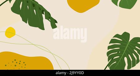 Sommerbanner, Sommerangebot. Flache Vektorgrafik mit tropischen Blättern und abstrakten Linien im Doodle-Stil. Vektor Stock Vektor