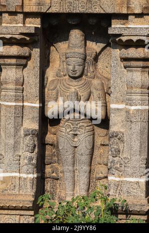 Geschnitzte Idole auf Gopuram des Nataraja-Tempels, Chidambaram, Tamil Nadu, Indien Stockfoto