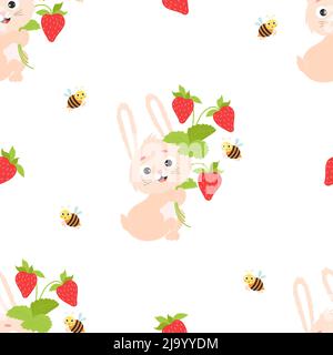 Nahtloses Kaninchenmuster. Süßes Häschen mit Erdbeeren-Bouquet und witziger Biene auf weißem Hintergrund mit Beeren. Vektorgrafik. Sommerliches Muster in Stock Vektor