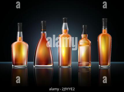 Brandy Cognac Whiskey Glasflaschen Komposition von realistischen Bildern verschiedene Formen auf glänzender Oberfläche mit Reflexionen Vektorgrafik Stock Vektor
