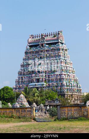 Blick auf Nord-Gopuram des Nataraja-Tempels, Chidambaram. Tamilnadu, Indien Stockfoto