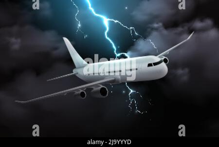 Flugzeug Nacht Sturm realistische Komposition mit Bild des Passagierjets in Gewitterwolken mit Gewitterblitz Bild Vektor-Illustration Stock Vektor