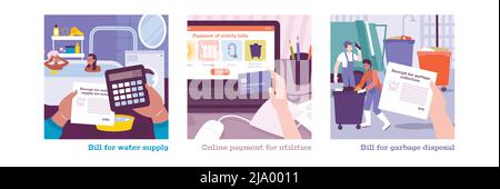 Utility Services flacher Satz von quadratischen Kompositionen mit menschlichen Händen halten Zahlungsverpflichtungen und Kreditkarten Vektor Illustration Stock Vektor