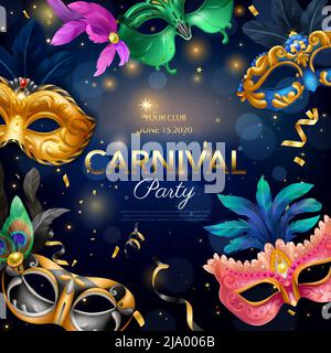 Karneval Partei realistische Poster mit Maskerade Event Symbole Vektor Illustration Stock Vektor