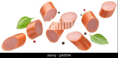 Wurstscheiben isoliert auf weißem Hintergrund, volle Schärfentiefe Stockfoto