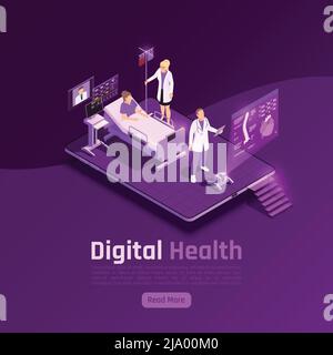 Telemedizin Digital Health leuchtet isometrische Hintergrundkomposition mit futuristischen Bildern der Krankenhausstation und holographischen Bildschirmen Vektordarstellung Stock Vektor