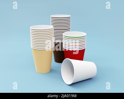 3D Rendering von verschiedenen farbigen Papiertassenmockups auf blauem Hintergrund Stockfoto