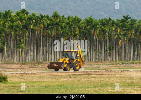 JCB und Blick auf Reihen von Betelnussbäumen, in der Nähe der Adiyogi Shiva Statue, Booluvampatti, Coimbatore, Tamilnadu, Indien Stockfoto