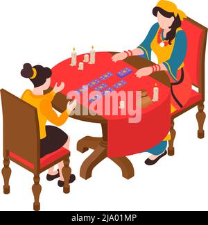 Isometrische Komposition mit Zigeunererzählung Glück durch Tarot-Karten 3d-Vektor-Illustration Stock Vektor