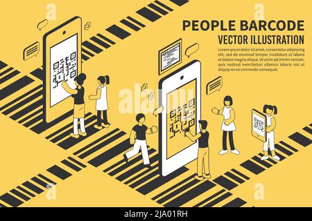 Menschen mit Mobiltelefonen Scannen Barcode 3d isometrische Vektor-Illustration Stock Vektor