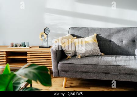 Stilvolles Wohnzimmer mit Designer-Konsole mit Dekor und grauem Sofa mit grafischen Kissen. Weiße Wände, grüne Pflanzen in den Töpfen. Helles Holz Stockfoto