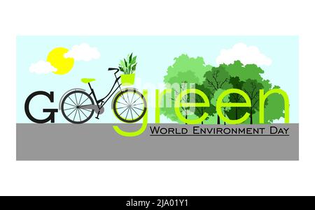 Kreatives Poster Oder Banner Des Weltumwelttages. Go Green und Go Eco Konzept. Verwenden von Fahrrädern statt Autos, um Luftverschmutzung zu vermeiden Stock Vektor