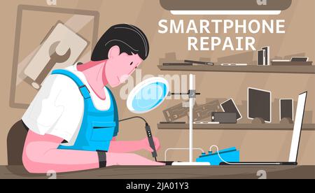 Smartphone Reparatur flache Zusammensetzung mit Werkstatt und Master arbeitet mit einem Lötkolben Vektor Illustration Stock Vektor