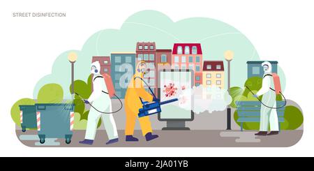 Stadt desinfizieren Bekämpfung von Viren flache Zusammensetzung mit Trupp in Schutzanzügen Sprühen Desinfektionsmittel auf Straßen Vektor-Illustration Stock Vektor