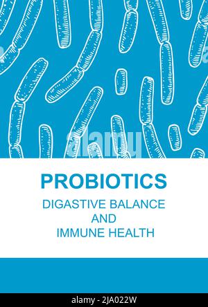 Handgezeichnetes Probiotika-Design für Verpackung und Branding. Vektorgrafik im Skizzenstil. Mikroskopische Bakterien aus der Nähe. Biologisches Hintergrundwissen Stock Vektor