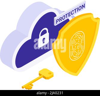 Isometrisches Symbol für den Schutz persönlicher Daten mit Cloud-Key-Schild auf Vektorgrafik mit weißem Hintergrund Stock Vektor