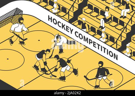 Eishockey-Wettbewerb im Stadion mit Menschen auf Tribüne 3d isometrische Vektor-Illustration Stock Vektor