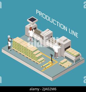 Olive Produktion isometrische Zusammensetzung mit Manufaktur Linie und Zeichen der menschlichen Betreiber fertigen Produkte mit Text Vektor Illustration Stock Vektor