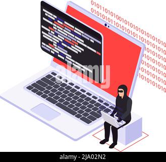 Isometrisches Symbol für Cyber-Sicherheit mit Computer und Charakter der Hacker-Vektor-Illustration Stock Vektor