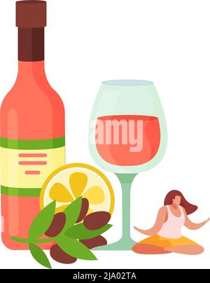 Alkoholische Getränke Cocktails flache Zusammensetzung mit Oliven und Flasche mit Glas und Frau in Zen Pose Vektor-Illustration Stock Vektor