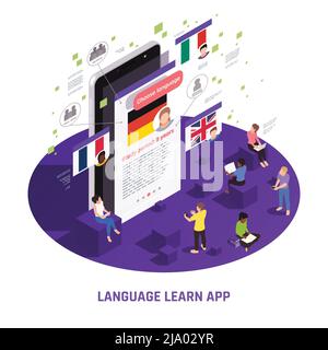 Sprachlern-App für pc Tablet mobile isometrische Komposition mit Studenten üben französisch englisch italienisch Vektor Illustration Stock Vektor